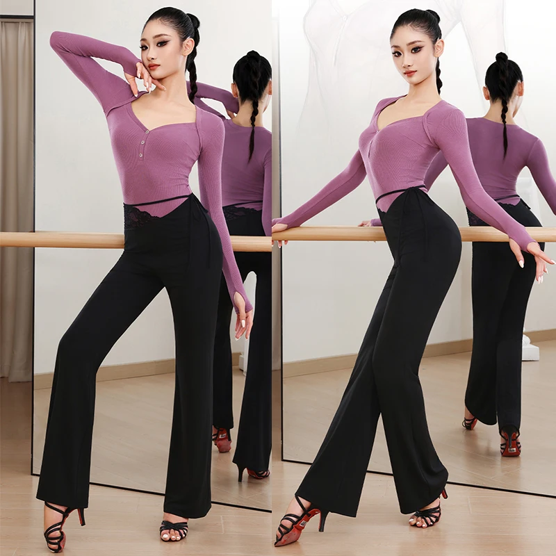 

Осенняя новая одежда для латинских танцев, женский купальник с длинными рукавами и длинными рукавами, черные брюки для взрослых, одежда для сальсы и бальных танцев NV25492