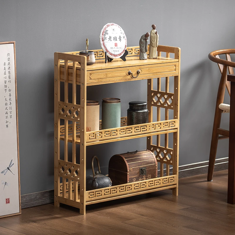 Tea cabinet, small floor to ceiling purple clay teapot, tea set, tea cup holder, desktop storage rack