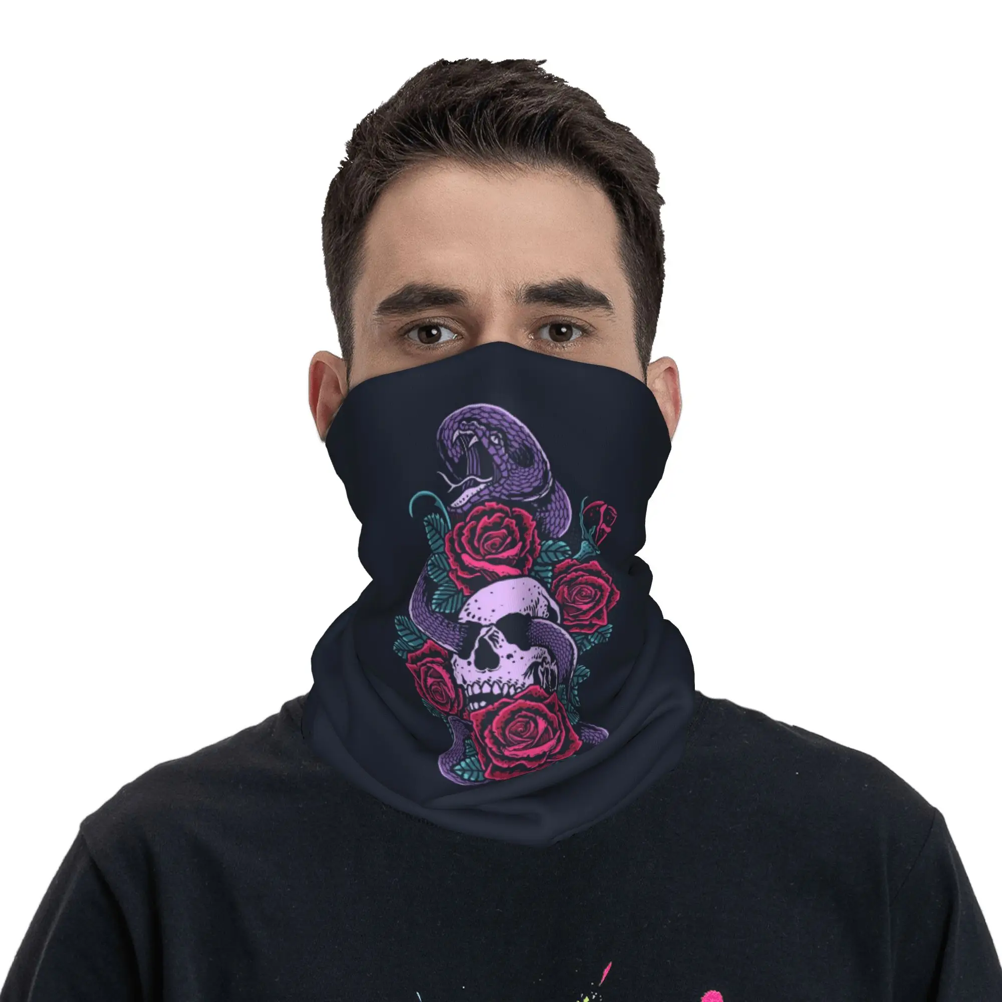 Skull Snake and Roses Printed Bandana Neck Cover Printed Wrap Scarf Warm Cycling Scarf Running For Men Women Adult