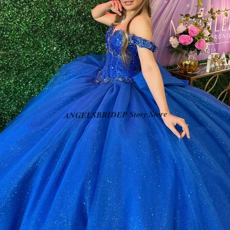 ANGELSBRIDEP-vestidos de quinceañera azul real, vestido de baile con hombros descubiertos, cuentas, lazo de cristal, fiesta de cumpleaños dulce de 16 años personalizada