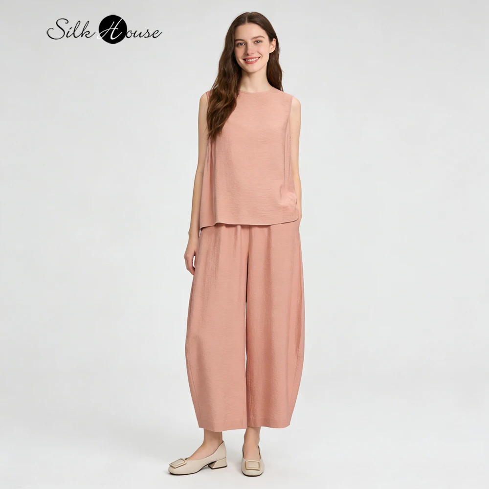 

2026 Women's Casual Summer Clothing Leather Pink 80% Natural Mulberry Silk Round Neck Vest Elastic Waist Straight Leg Pants