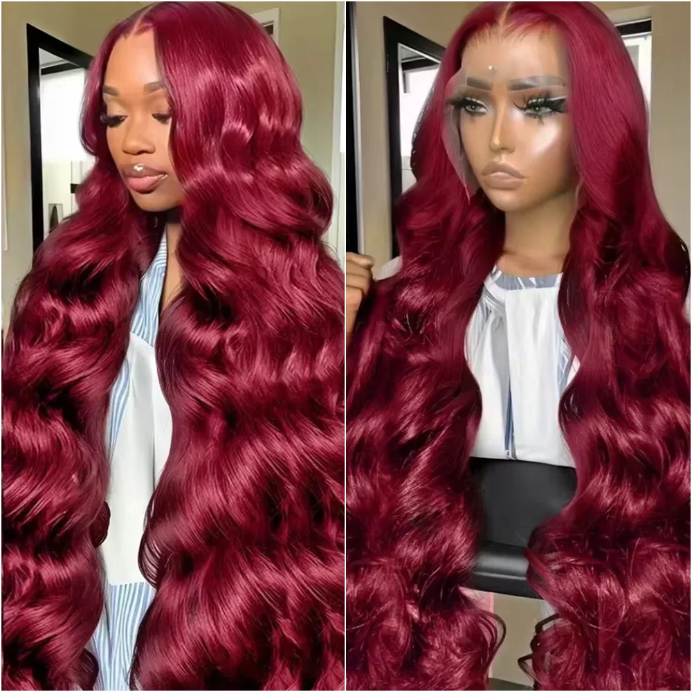 

99J Бордовый 13x6 HD Парик Фронта Шнурка Человеческие Волосы 200 Плотность Объемная Волна 30 36 Дюймов Красный Цвет Объемная Волна 13x4 Парики Фронта Шнурка