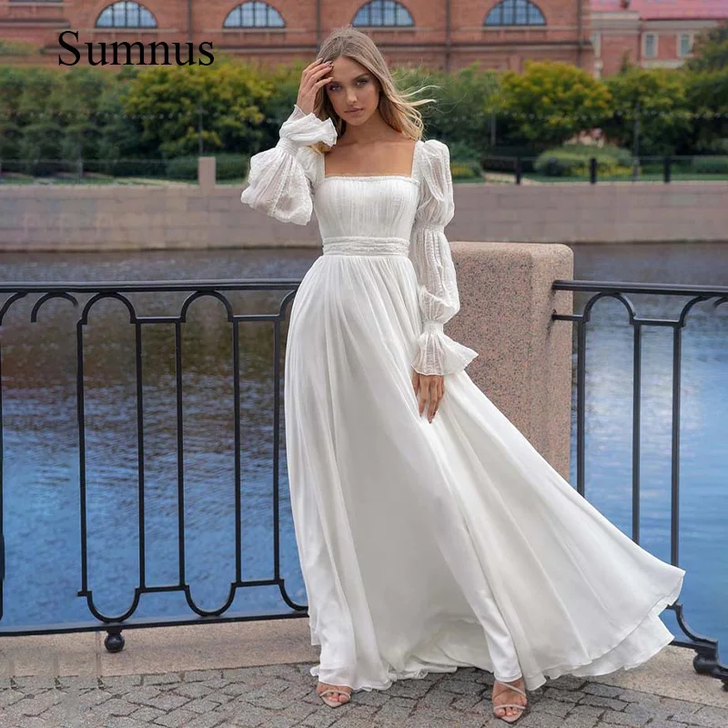 Simples vestido de casamento branco manga longa quadrado pescoço volta rendas até vestido de noiva até o chão praia vestidos de casamento novia