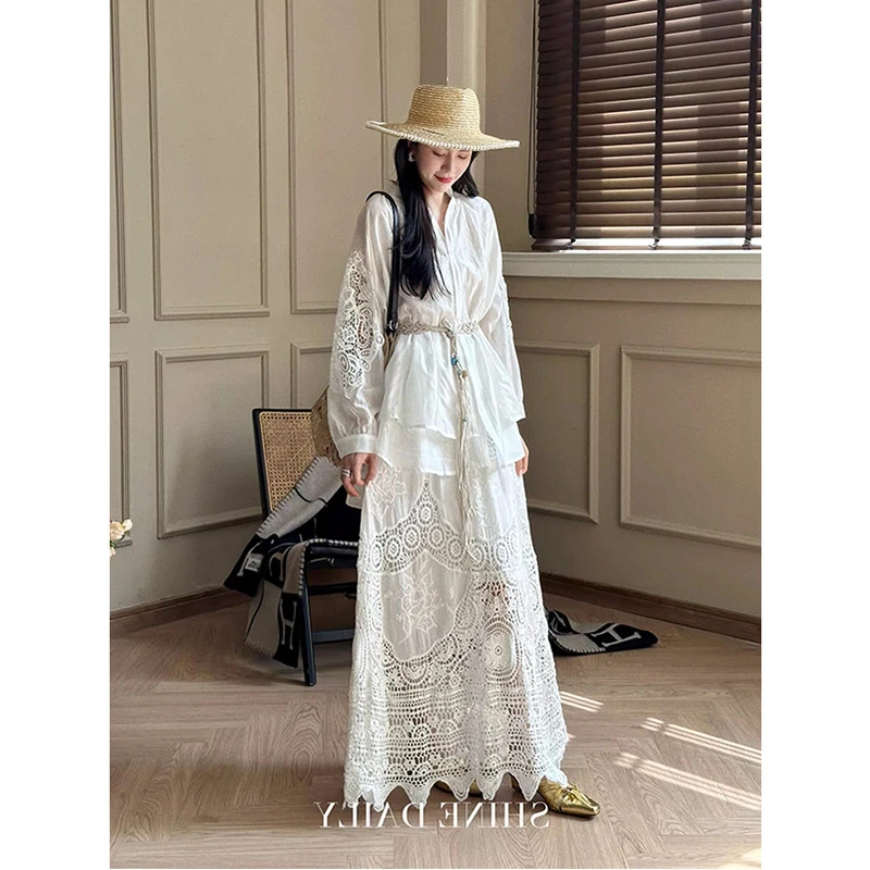 2025 New Arrival Summer Women Skirts Loose Casual High Waist Floral Hollow Out A-line Good Quality Lace Ankle-length Skirt T151