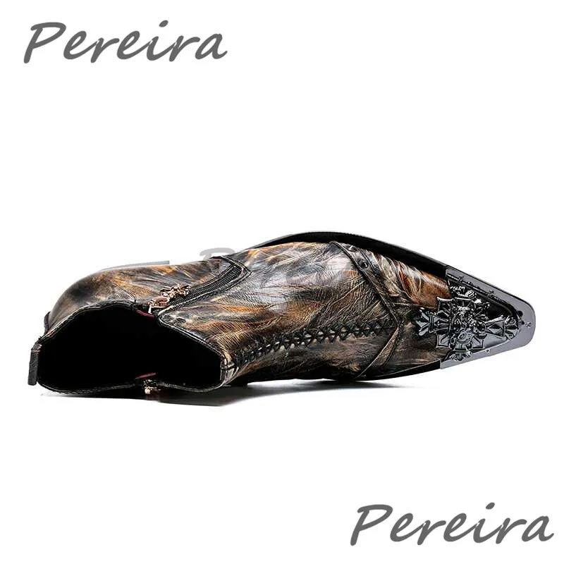 

Men's Retro Iron Pointed Toe Chelsea Boots Double Zipper Genuine Leather Ankle Booties Trendy Party Banquet Business Dress Shoes