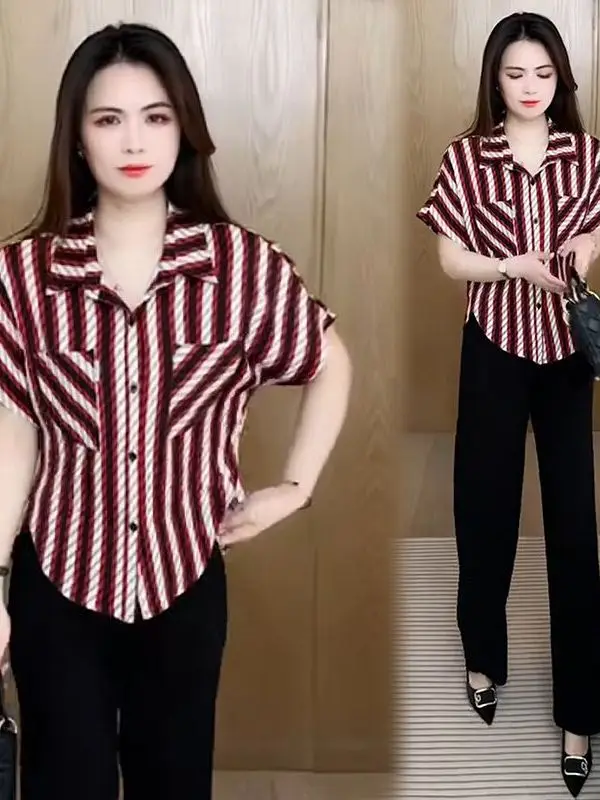 

Модная полосатая рубашка для женщин, летняя новинка, свободный топ для женщин среднего возраста с коротким рукавом, скрывающий живот, повседневная рубашка