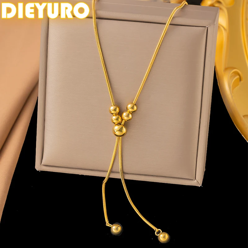 DIEYURO 316L Stainless Steel Golden Ball Pulling Adjustable Rope Chain Necklace Women New Fashion Neck Jewelry Holiday Gift