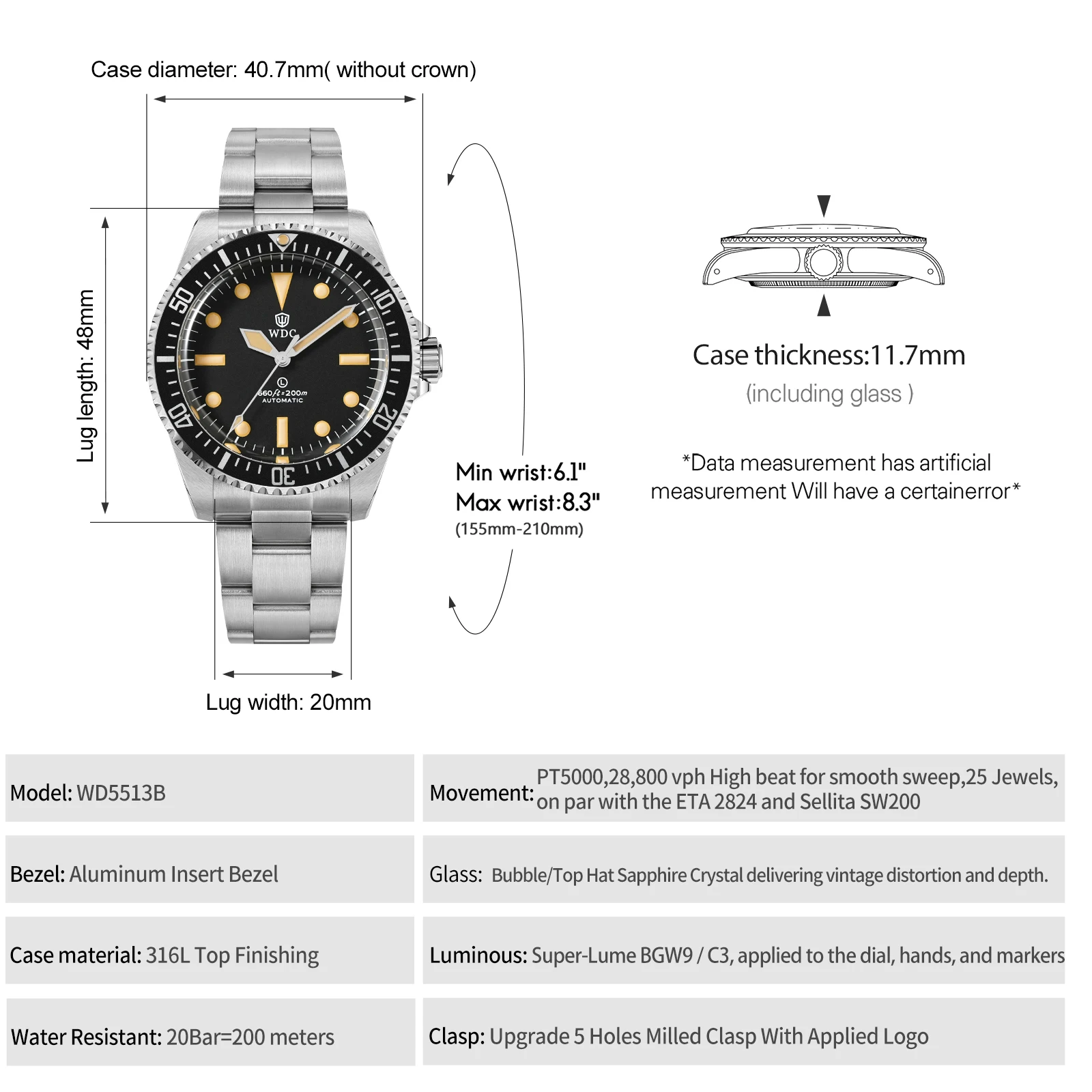 Watchdives WD5513B V3 40Mm Sub Dive Watch PT5000 Automatic Watch Sapphire 20Bar Waterproof 316L Steel Vintage Mechanical Watches