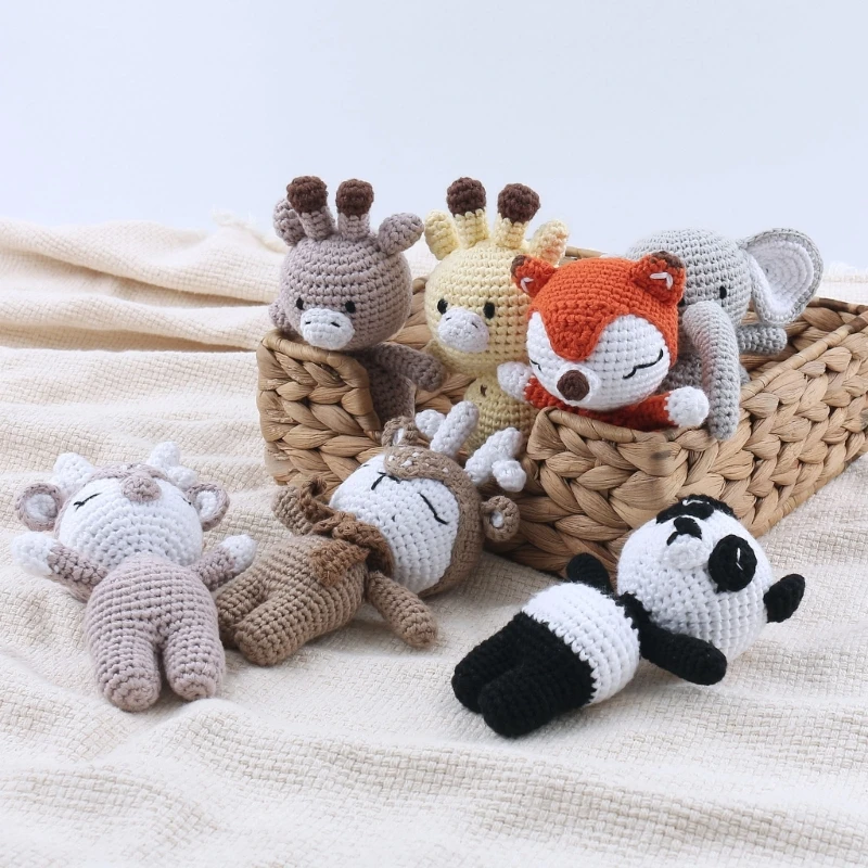 7 Styles 5Inch Cute Handwoven Stuffed Animal Toys Cartoon Crochet Elephant Fox Deer Panda Toy Kids Sleeping Doll Home Decoration