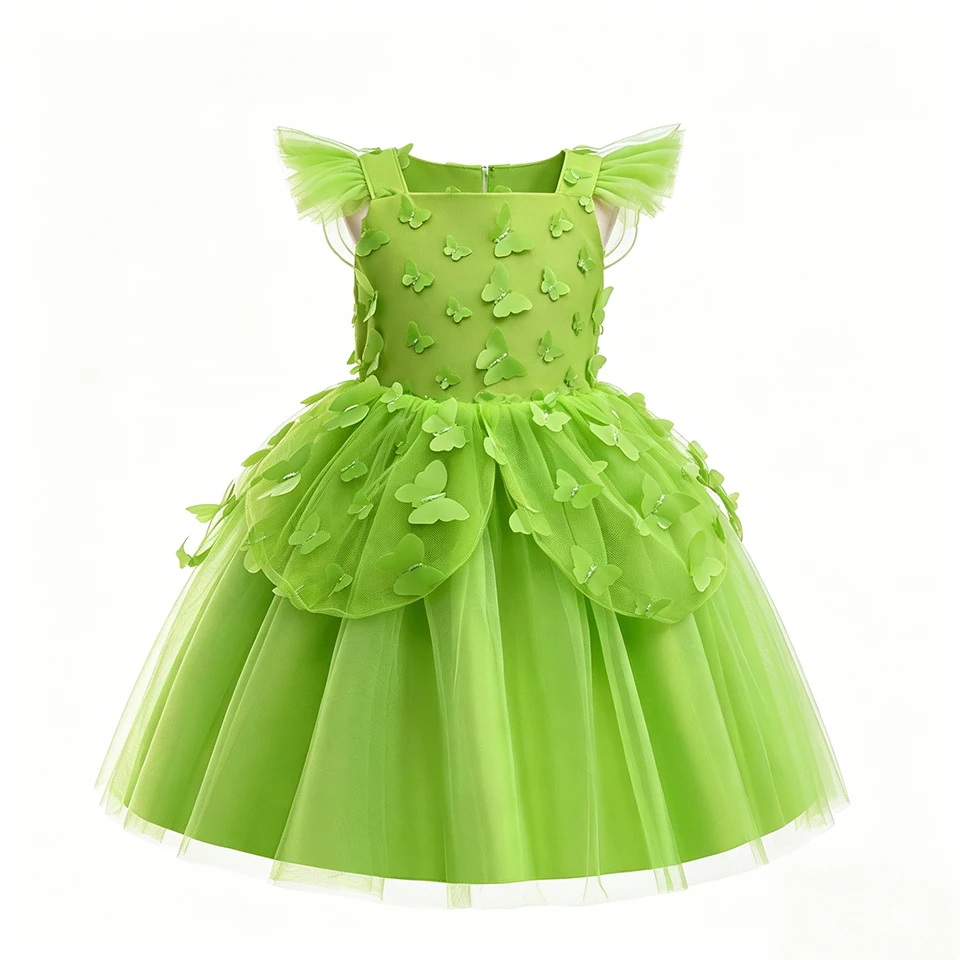 Green Princess Tutu Girls Tinker Bell Fairy Dress Butterfly Wings Halloween Cosplay Kids Outfit Xmas Carnival Children's Costume
