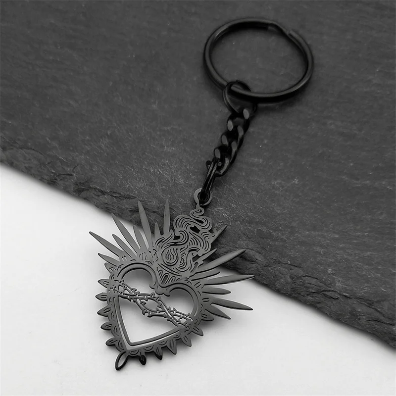 Flaming Sacred Heart Charms Dornen Heiliges Herz Schlüsselanhänger für Frauen Männer Edelstahl Schwarz Glaube Hohl Schlüsselanhänger Schmuck – Detail 4
