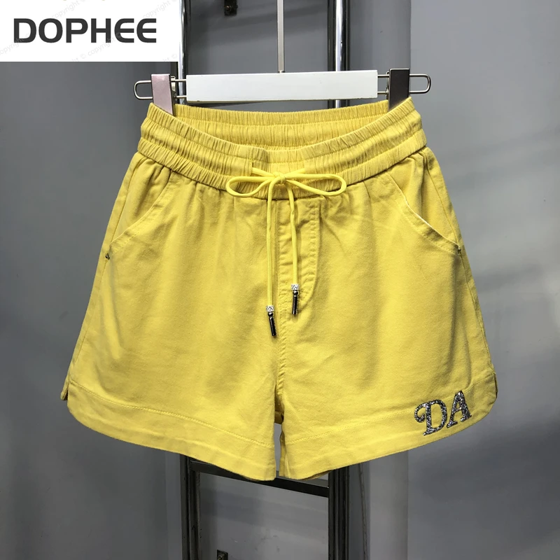 

Comfortable Thin Summer Women Hot Shorts 2022 New Letter Hot Drilling Loose Wide Leg Jeans Short Pants Solid Elasti Waist Shorts