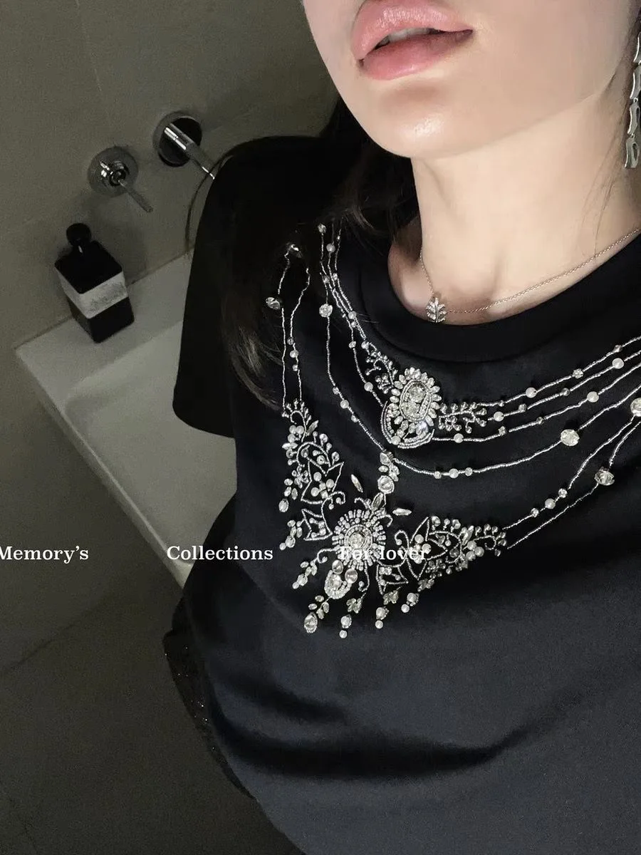 

New 100% cotton summer necklace diamond short-sleeved T-shirt women