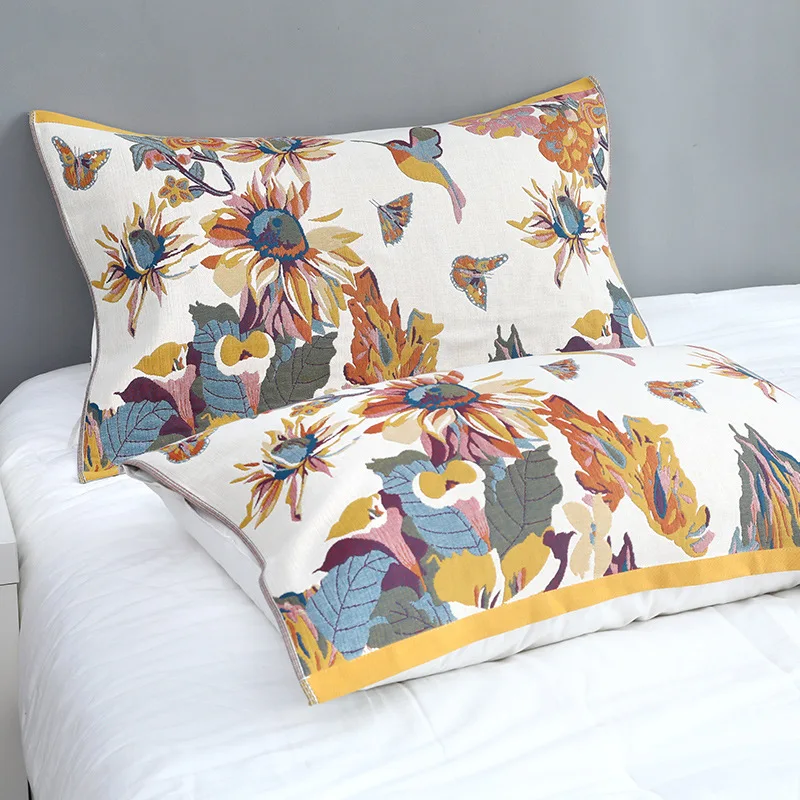 

Floral Cotton Gauze Pillow Towel Set Breathable Envelope Cover Anti Slip Design for Bed Sofa Decor Sleeping Room Accessories