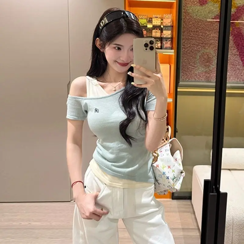 

Women Summer Sexy Hottie Off Shoulder Solid Color Patchwork Short Sleeve T-Shirt Ladies Fashion All-match Temperament Sweet Tops