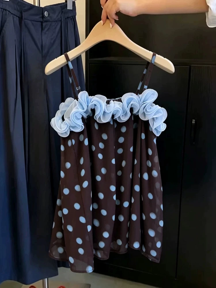 Sexy Summer Outerwear Polka Dot 3D Lace Trim Strap Vest Women's Brand Buckle Euro Style Casual Breathable Loose Fit Top