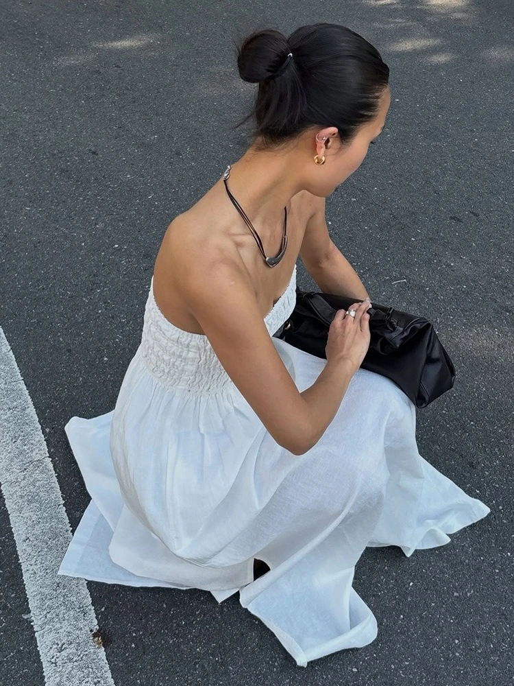 Tsiisd Summer White Backless Strapless Long Dress Women Fashion Pleats High Waist Elegant Party Evening Dress Female Maxi Dress