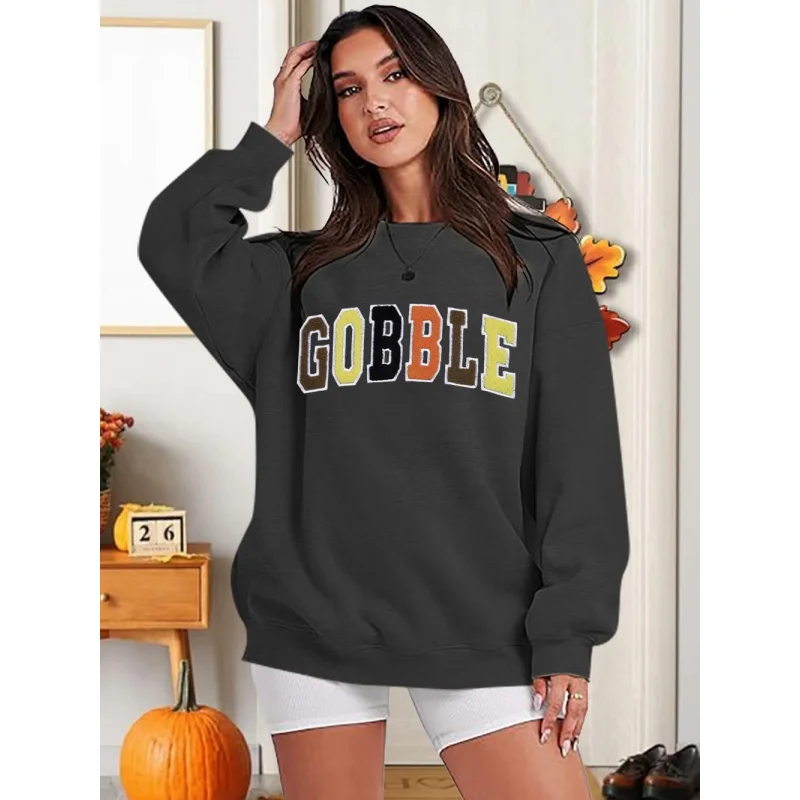 Thanksgiving sweatshirt women's colorful letter printed long sleeved round neck autumn pullover