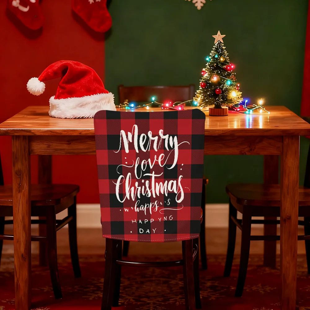 VIKAMA Peace Love Joy Christmas Buffalo Plaid Chair Covers 2/4/6 PCS for Non Slip Washable Christmas Party Holiday Decor