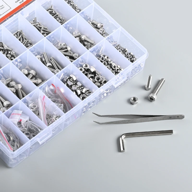 1407pcs Screw and Nut Kit stainless steel 304 cup head hexagon screw with nut flat washer wrench tweezers set