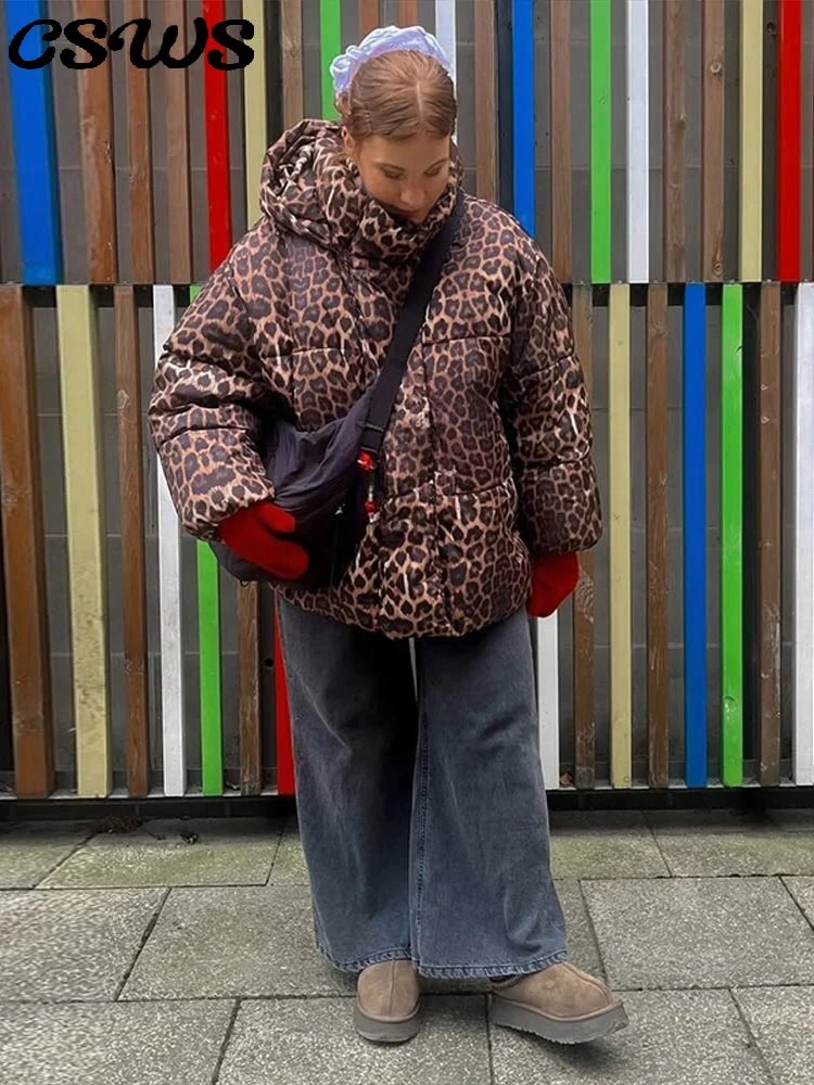 

Casual Lepoard Print Cotton Jacket Women Loose Full Sleeve Stand Collar Zipper Warm Jacket Female Fashion Thicken Pocket Outwear