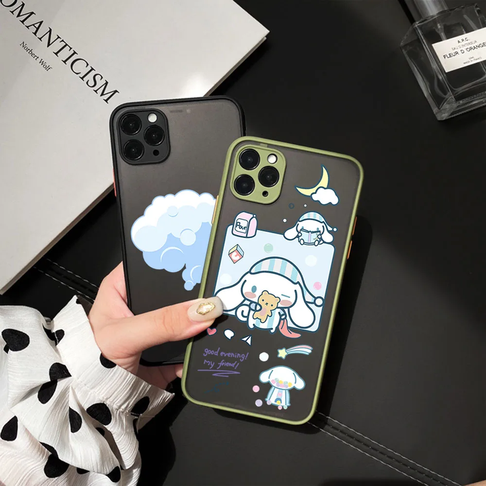 For iphone 15 8 7 14 Plus 13 12 11 Mini Pro SE XS Max X XR 6s Cartoon Bunny Floating Cloud Frosted Translucent Black Phone Case