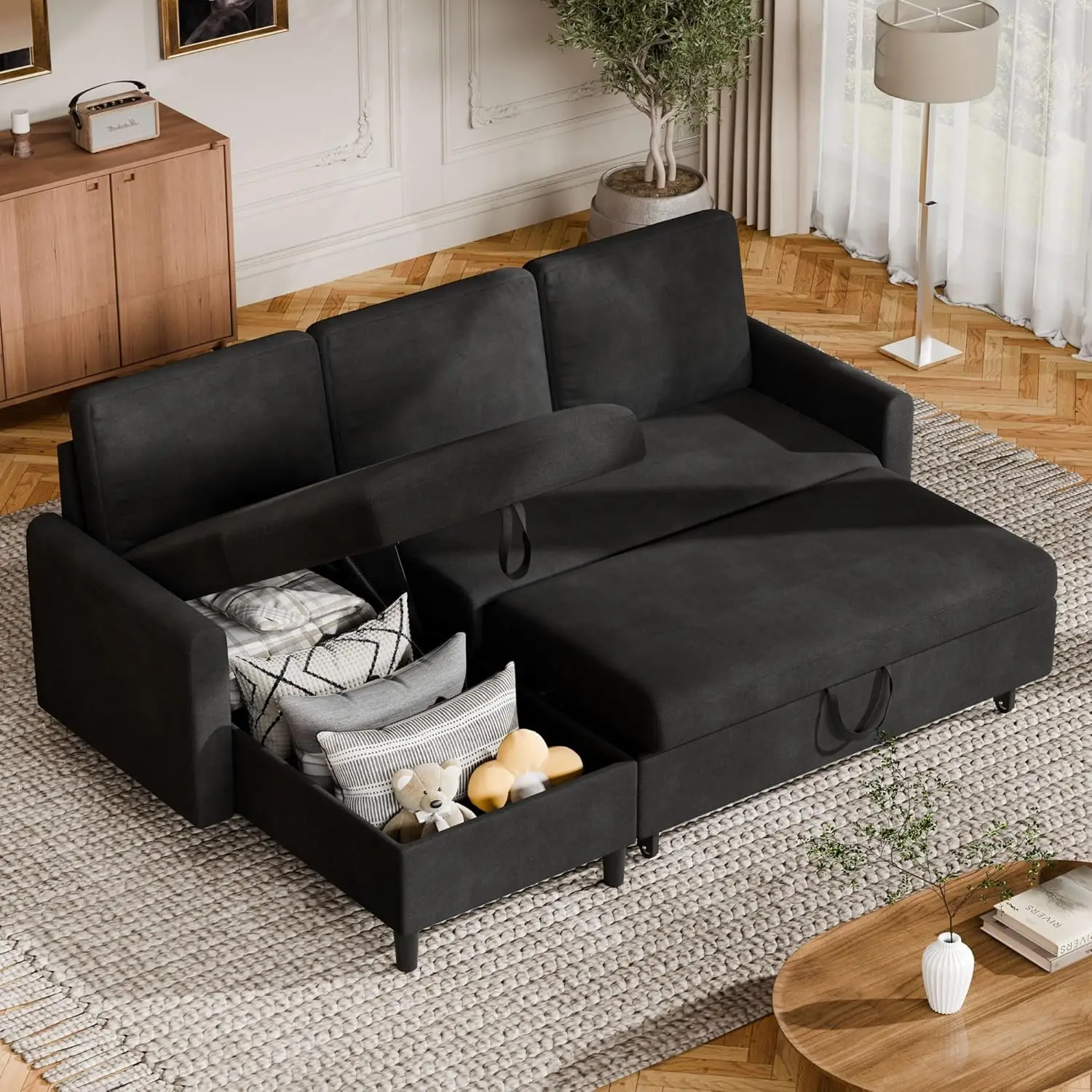 

Convertible Sleeper Sofa, Pull Out Couch with Storage, 77" L-Shaped Sofa Bed with Storage Chaise Linen Fabric, Black