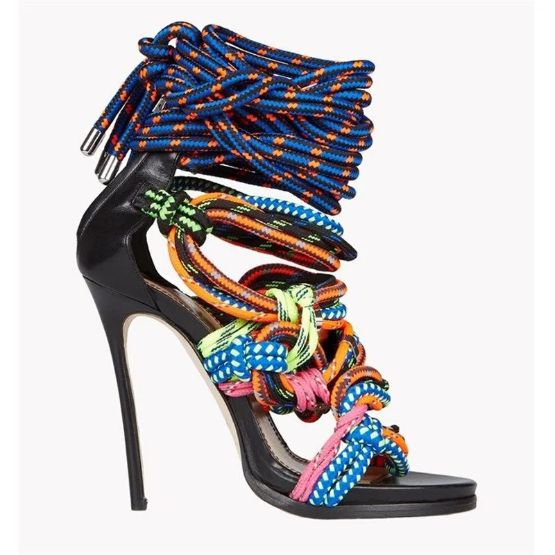 Cross-Tied Round Toe Colorful Weaving Summer Women Sandals Stiletto High Heels Back Zipper Design Large Size Fashion Shoes