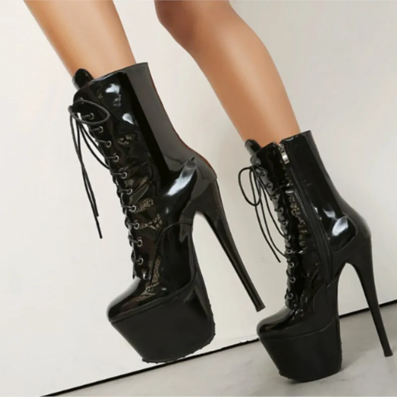 Sizes 36 - 43.High Heel Flat Lace-up Dancer Ankle Boots - Fine High Heels With Lace-up Design, Thick Sole, Waterproof Platform.