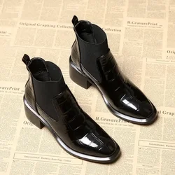 Ankle Boots Women Round Toe Block Low Heel Chelsea Boots Black Slip On Patent Leather Ankle Boots Comfortable Non-slip Shoes