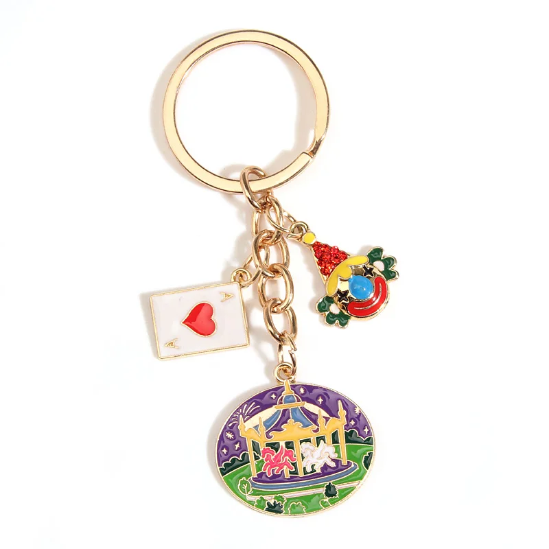 Cute Enamel Keychain Poker Clown Carousel Key Ring Playground Key Chains Souvenir Gifts For Women Men Car Keys Handmade Jewelry