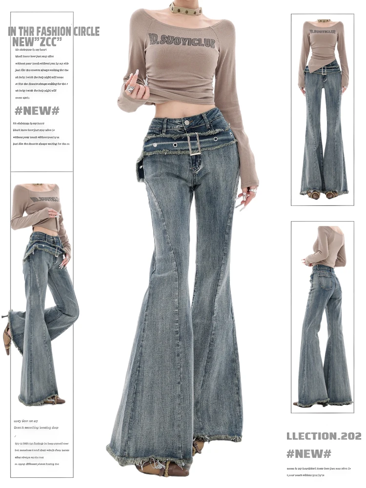 Women Japanese Fashion Gyaru Low Rise Denim Bell Bottoms Pants Y2k Streetwear 2000s Flare Jean Grunge Grunge Punk Goblin Core