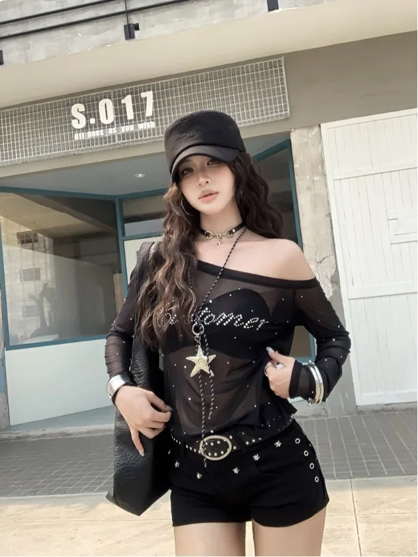 

Trendy Korean Style Loose Lace Shirt Thin Mesh Long Sleeve Slashed Shoulder Women's Summer Top Fashionable Commute Wind Sun P...