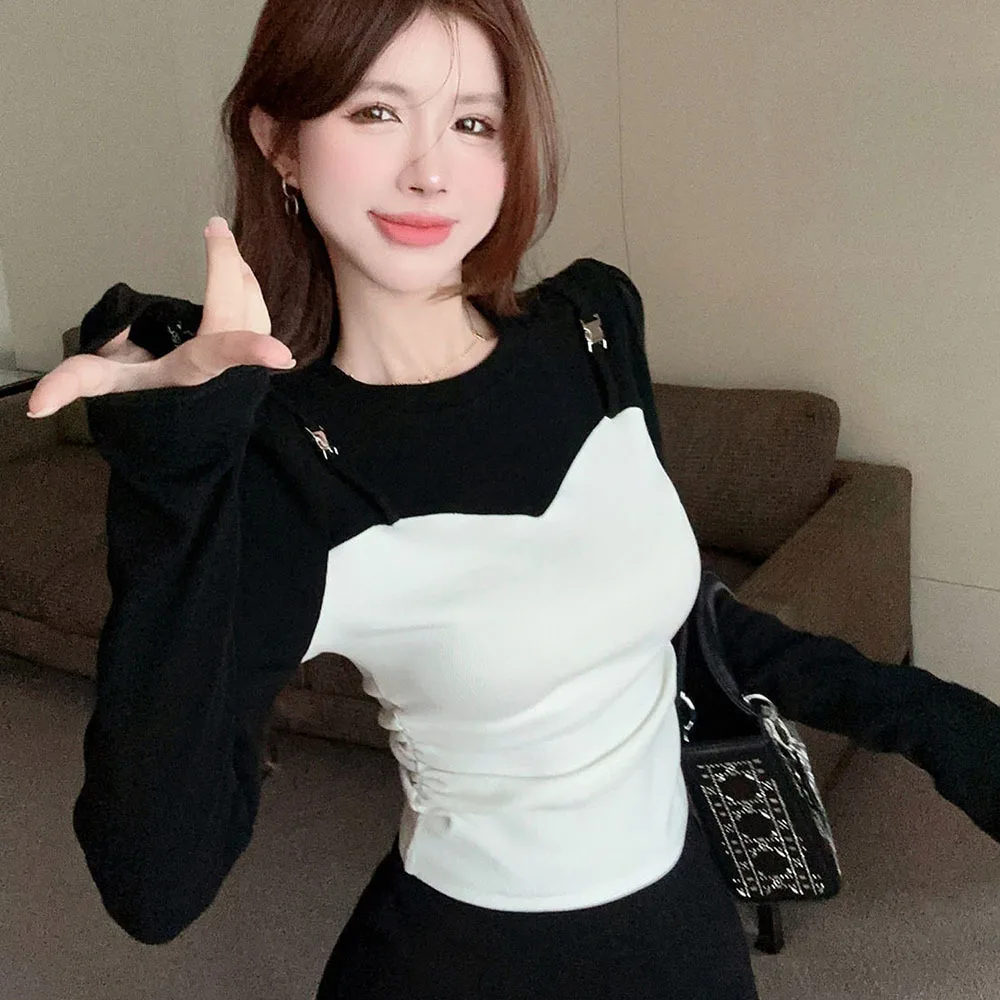 Patchwork Fake 2pcs Long Sleeve T-Shirts Women Design Unique Slim Fit Streetwear Tops Korean Fashion Casual Autumn Chic Tee Lady
