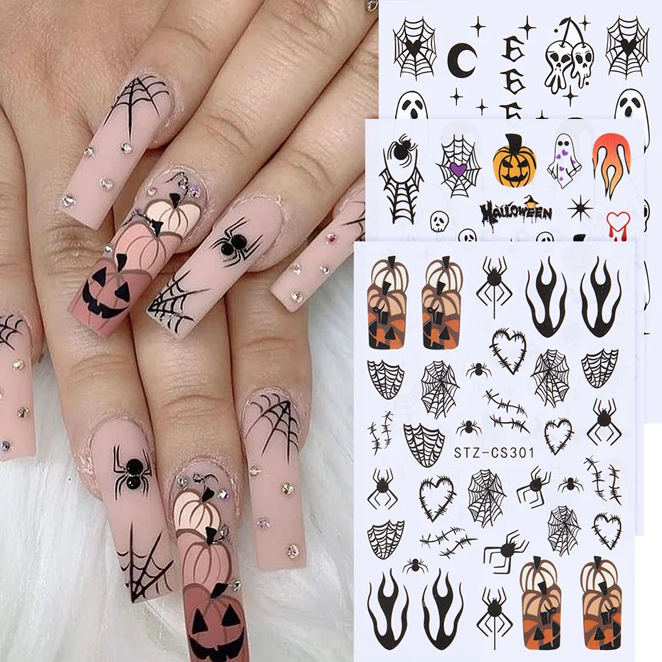 Halloween Aufkleber für Nägel Kürbis Geist Schädel Design Kunst selbst klebende Spinnennetz Aufkleber Dekoration DIY Maniküre Zubehör