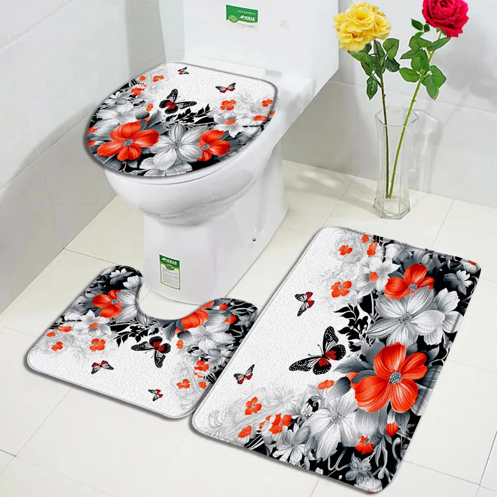 Butterfly Floral Bath Mat Set Black White Red Flowers Plant Butterflies Home Carpet Bathroom Decor Floor Rugs Toilet Lid Cover