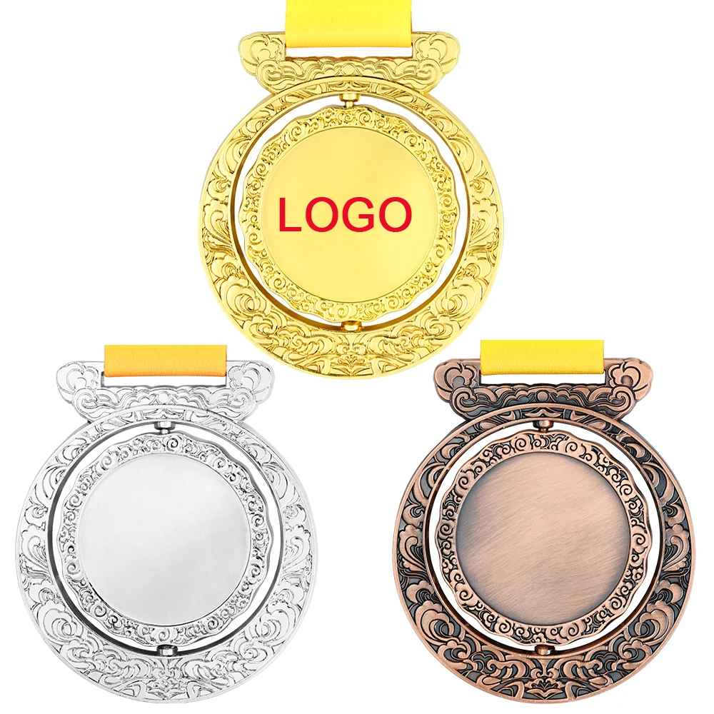 Spinning Medals Blank Medal Award with Neck Ribbon Prize Gift School Sports Souvenir Medal Football Ski Awards Trophy Free Print