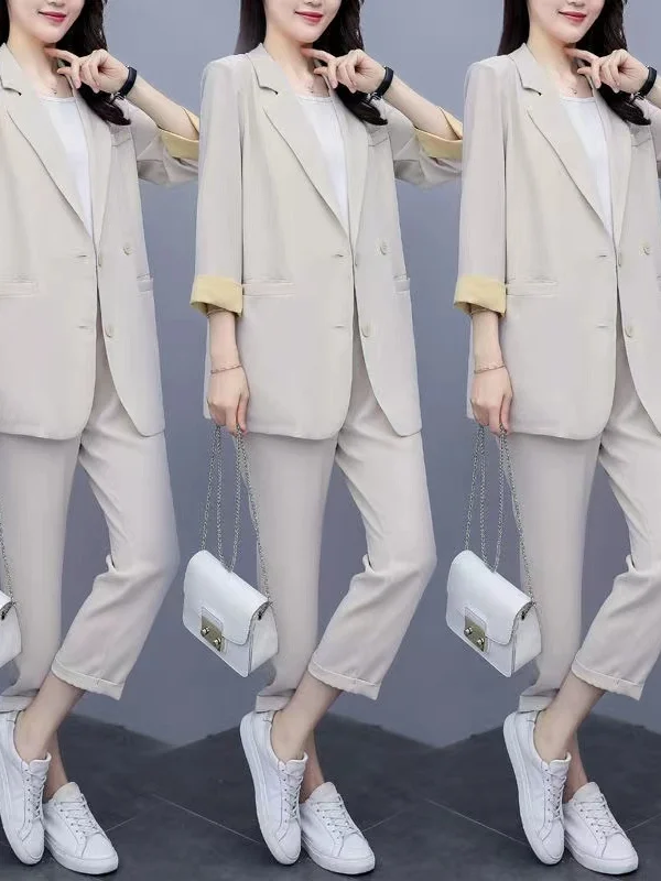 

Loose Fit Korean Sle Women's Suit Jaet plus Size Faionable Casual Outfit Two Piece Set High Waist Nine Pants