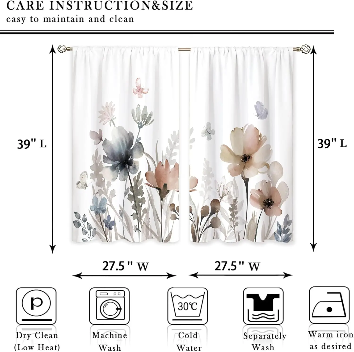Watercolor Floral Curtains 2pcs Pair Botanical Boho Drapes Elegant Window Treatment Cottage Style Home Decor Bedroom Curtain