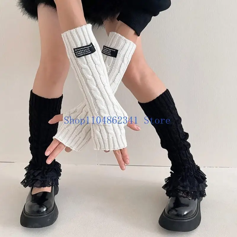 5asd Letter Label Decor Arm Warmer Glove Winter Knit Half-finger Mittens for Couple