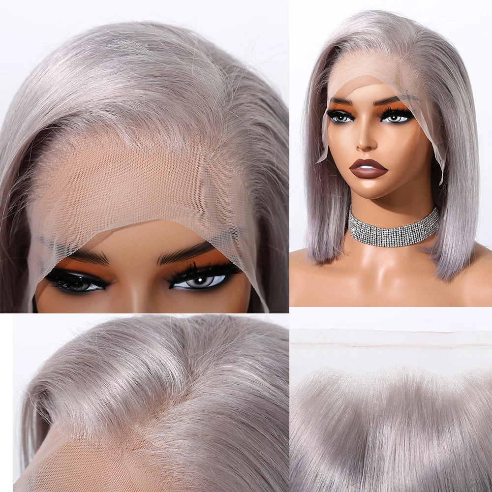 Silk Gray Blonde Remy Human Hair 13*4 Transparent Lace Frontal Wigs Short Straight 10 Inches 100% Remy Human Hair Wigs for Women