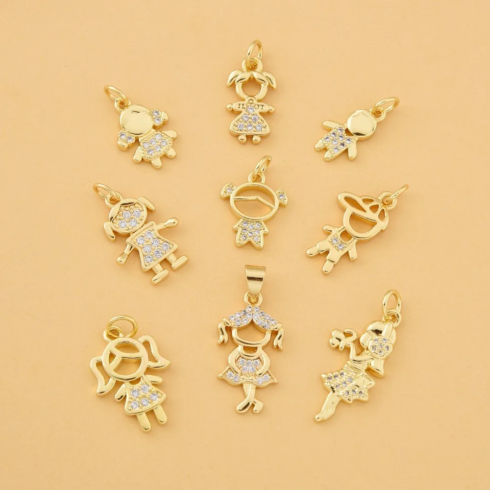 

4 Pcs Boy Girl Copper Plated Gold Micro Inlay Zircon Pendant for DIY Earring Necklace Jewelry Making Hollow Accessorie Wholesale