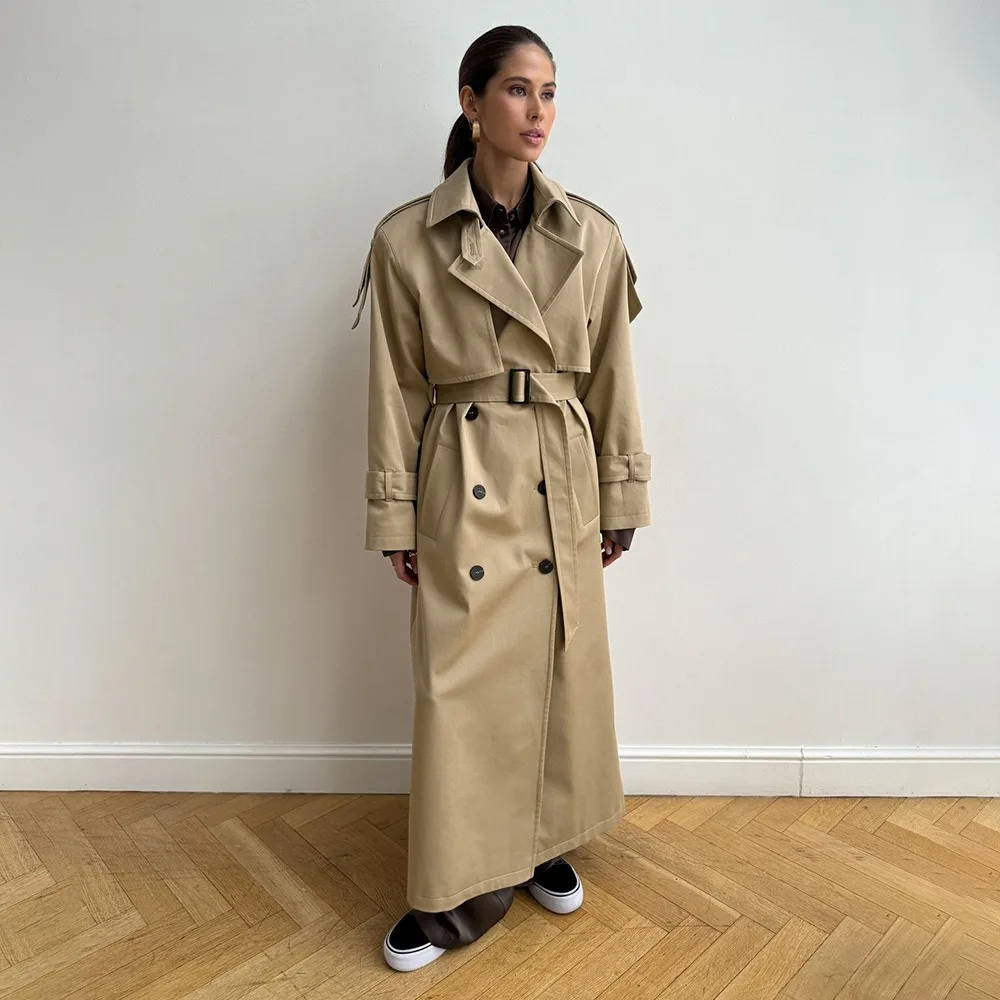 Extended Trench Coat 2026 Autumn and Winter Pure Cotton Retro Loose Coat Lace-up Waist Trench Coat Female Texture UniqueFashion