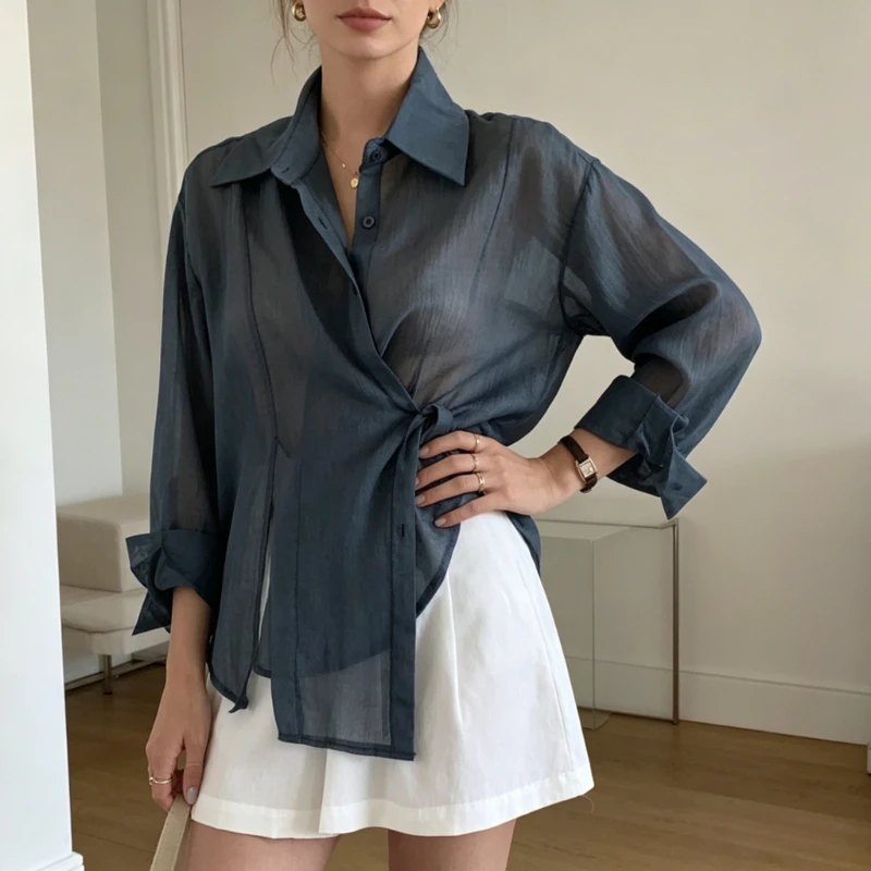 

Summer Fashion Long Sleeve Irregular Women Shirt Loose Casual Thin Sunscreen Blouse Elegant Office Ladies Button Shirts Tops