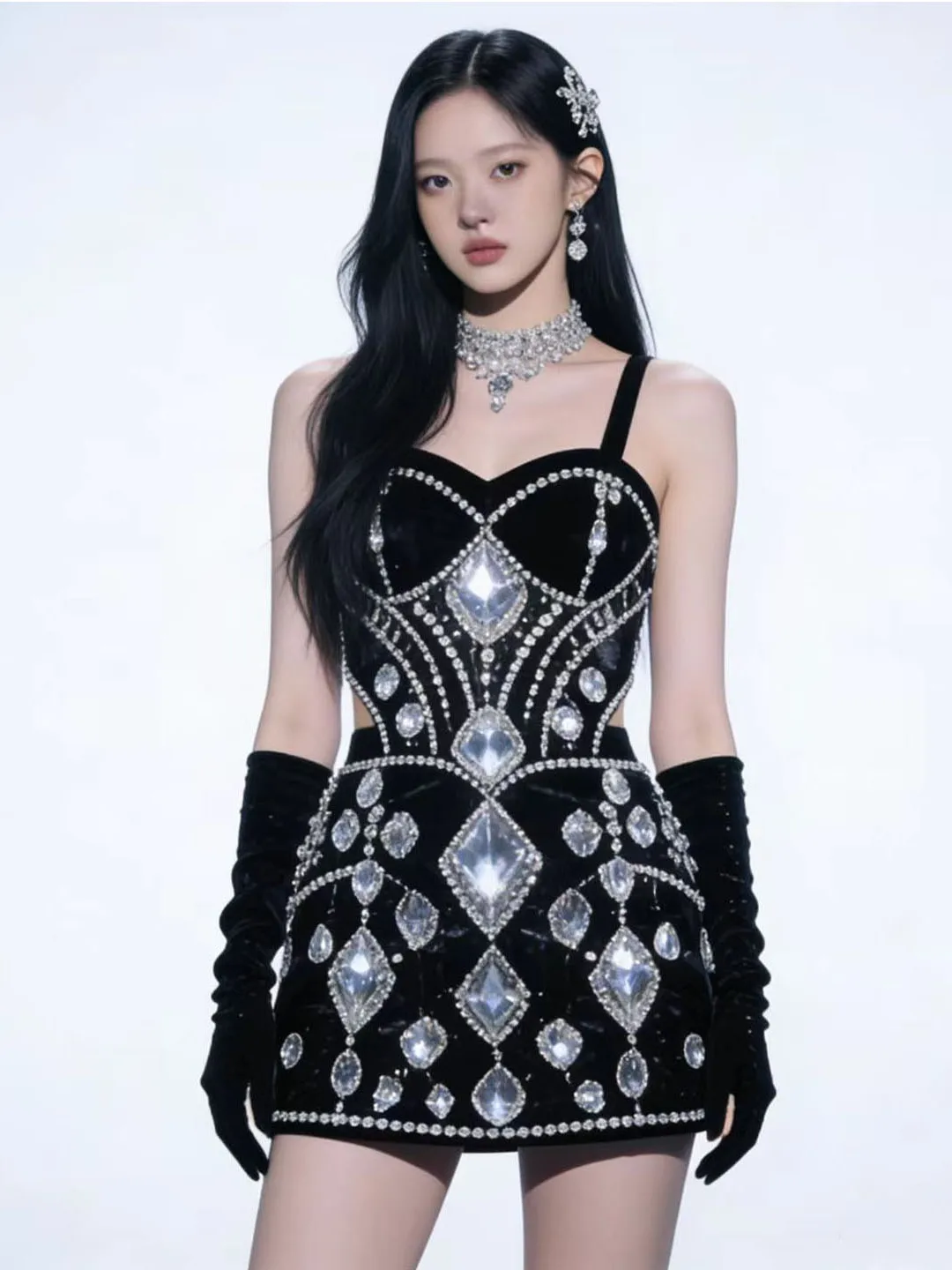 

Black Velvet Korean Female Group KPOP Performance Outfit Hanging Neck Strapless Top Bottoms Set Stage Show Costume Women