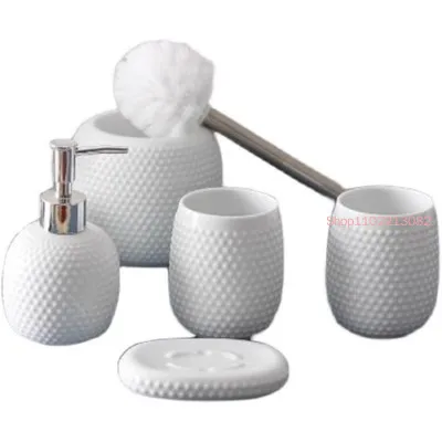 White Ceramic Bathroom Set Wash Toiletries Accessories 5-piece Lotion Bottle Mouth Cup Soap Dish Toilet Brush