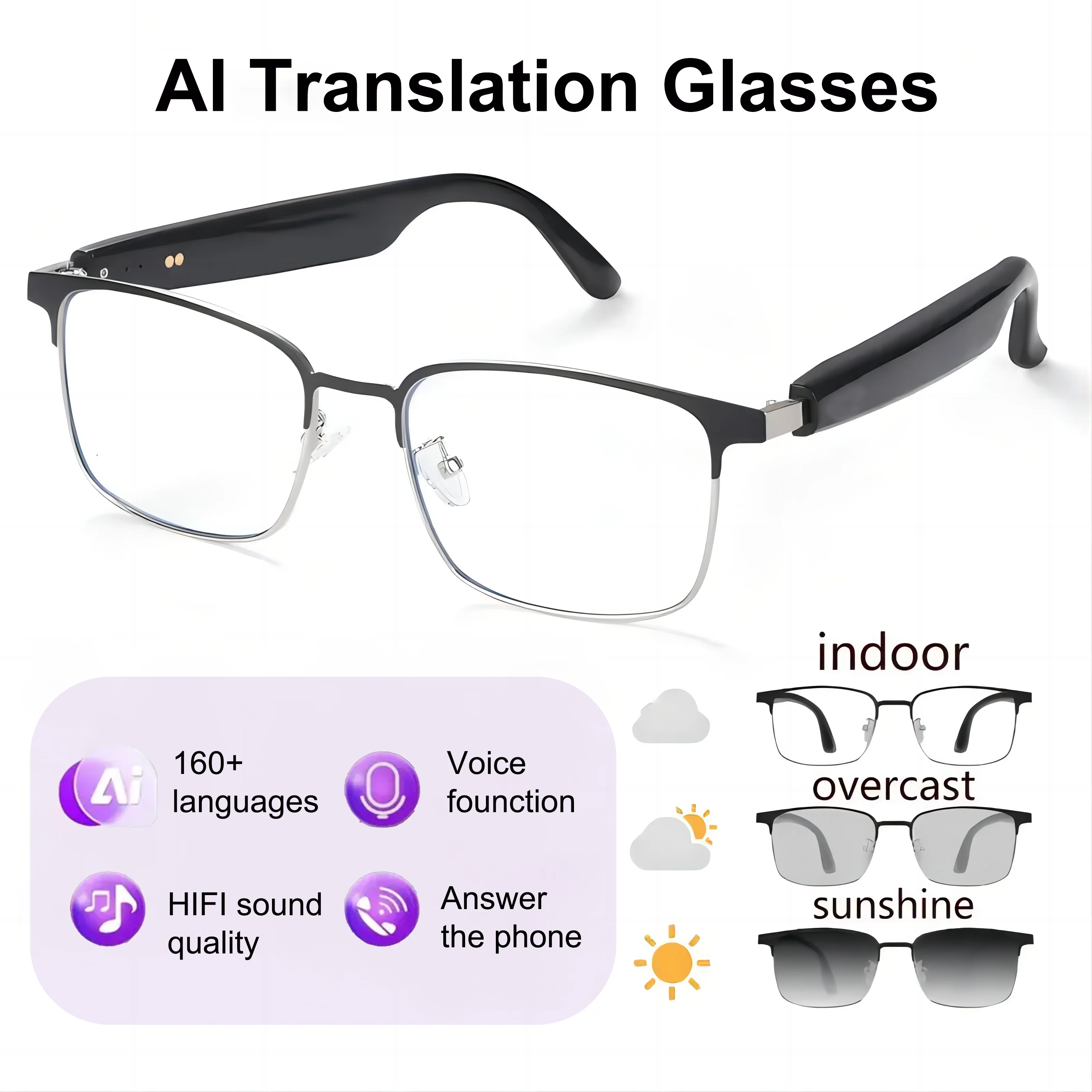 Smart Audio Glasses with Real-Time Translation Hi-Fi Music Playback Noise-Cancelling Voice Calls And Photochromic Lenses