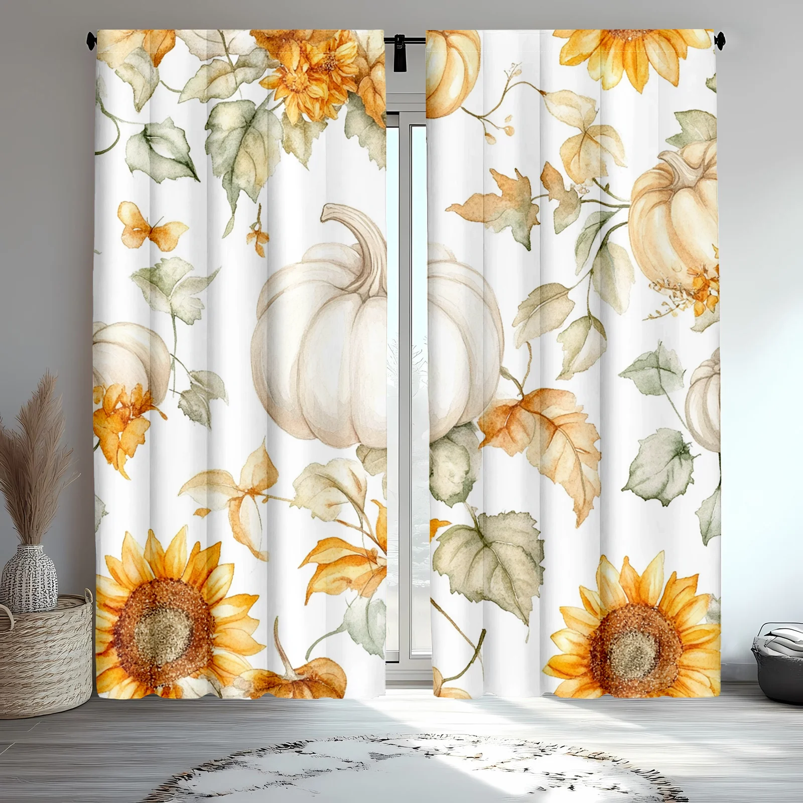 2pcs Classic Sunflower and Pumpkin Polyester Shower Curtains, Autumn Farmhouse Style Bathroom Decor, Sunflower Bathroom Decor
