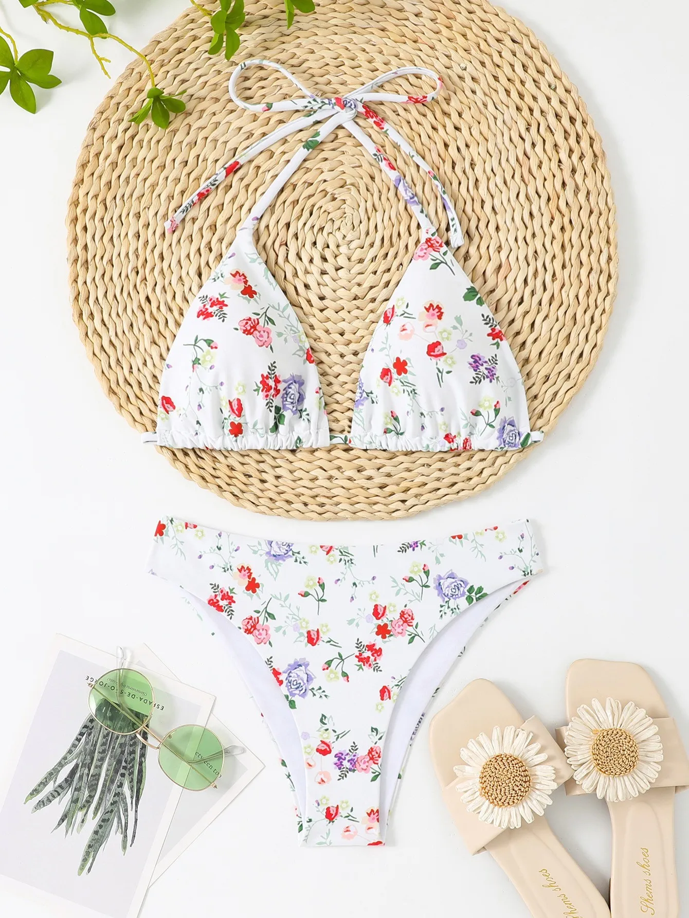 

sexy flower print plaid bikinis sets two pieces halter tie high waist swimsuits bathing suit swimwear swimming suit biquini