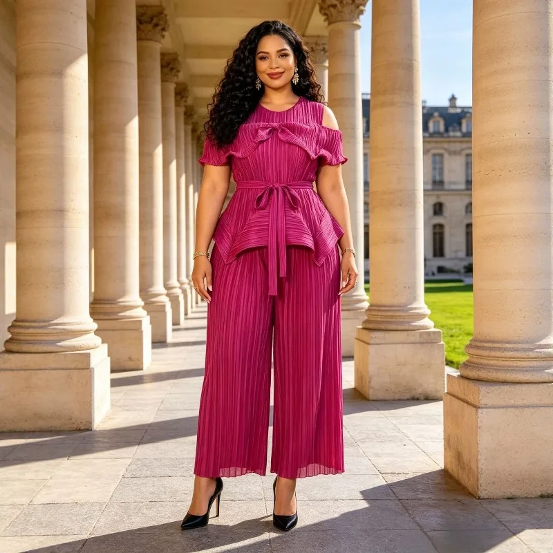 Miyake Pleated Pants Set Plisse 2026 Autumn New Fashion Cold Shoulder Ruffled Small Flying Sleeve Wide Leg Pants Two-Piece Set